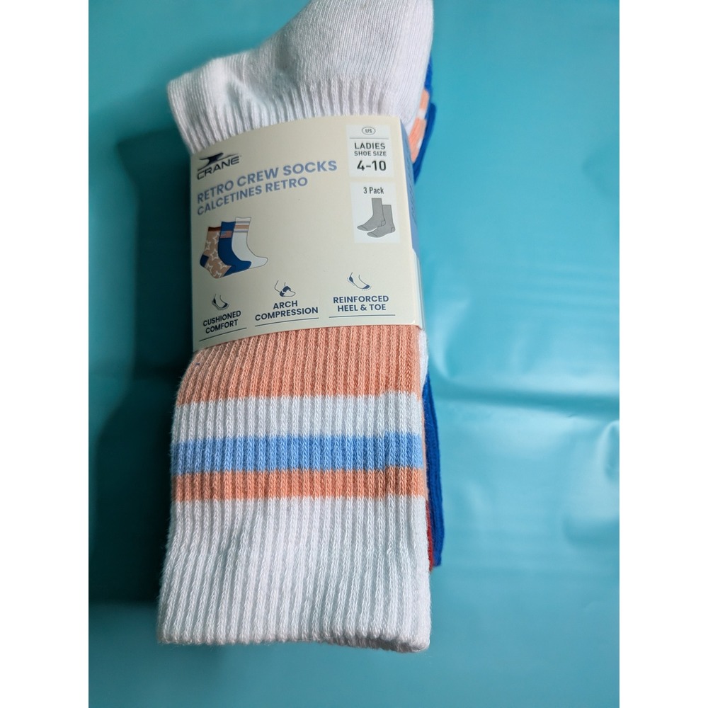 Crane Retro Crew Socks Womens 3 Pack Blue White Peach Stripes Stars Size 4-10